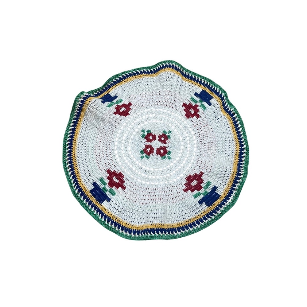 Vintage Handmade‎ Crochet Floral Doily Round White Blue Red Green Yellow 12 Inch